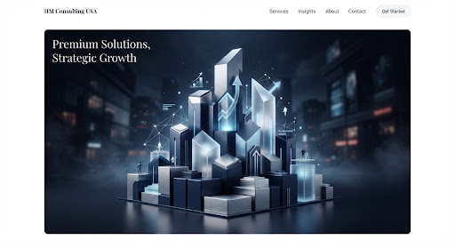 A premium 3D digital illustration of architectural blocks and rising geometric pillars in shades of deep navy, metallic silver, and frosted glass. The composition represents strategic stability and global growth solutions, set against a dark, moody atmospheric background that emphasizes precision and structural integrity in business consulting.