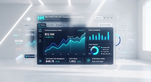 A futuristic glassmorphic financial dashboard floating against a minimalist white background. The interface features glowing neon cyan and navy charts, data visualizations, and growth metrics. The aesthetic is clean, professional, and tech-forward, representing financial precision and high-end fintech solutions.