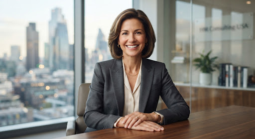 A professional studio portrait of a confident female executive in a modern office, wearing a charcoal blazer, smiling warmly with a soft-focus cityscape in the background. The lighting is elegant and natural, capturing a sense of high-trust and corporate leadership in a luxury minimalist style with a clean, high-key aesthetic.